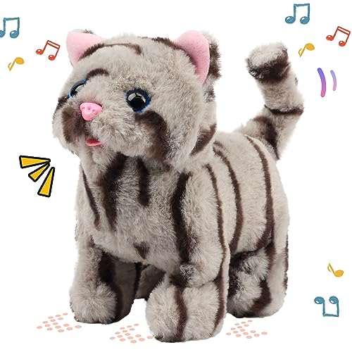 Easfan Walking Kitty Cat Electric Meowing Plush Toy for Kids 9" | Interactive pet, tail wagging head nodding, animated kitten pet, birthday holiday gift, for toddlers - style: Grey Cat