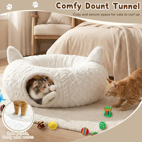 OurWarm Large Cat Tunnel Bed for Indoor Cats with Soft Cushion & Cat Toys, Round Under Tree Cats Donut Tunnel Christmas Tree Skirt, White Plush Pet Peekaboo Cave for Kitten/Puppy/Rabbit to Play - color: Grid