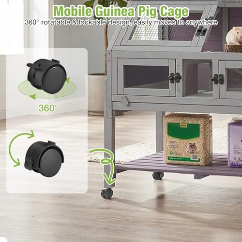 Guinea Pig Cags Indoor, Large Rabbit Hutch with Wheels, Wooden Hamster Cage with Chew-Proof Ram, Zinc Cool Plate and Plastic Floor, Small Animals Cage Habitat with Pull Out Tray (Light Grey) - color: Light Grey