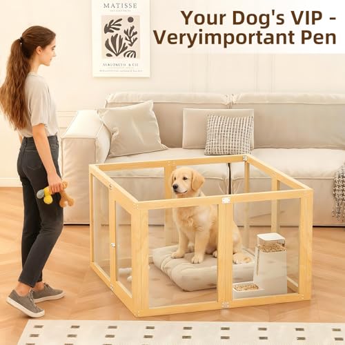 8 Panel Elegant Wooden Frame Clear Acrylic Indoor Puppy Playpen | Stain-resistant waterproof layering designed for hassle-free cleaning and long-lasting furniture protection - size: 8 Panel 39.4x39.4in