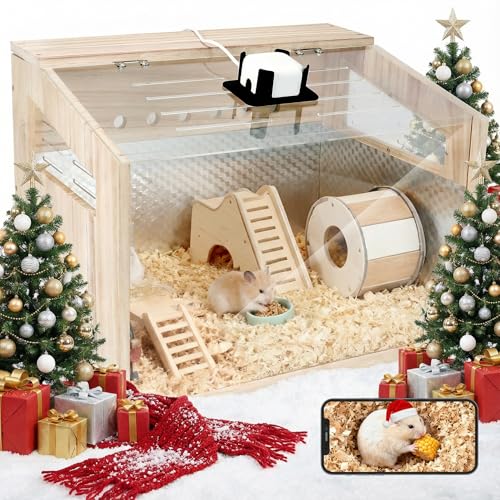 Hamster Cage with camera - 2.5K 5G Hamster camera for Chewproof Guinea Pig Cage Clear Small Animal cage with Open top Hamster Habitat Wooden mouse cage with Acrylic Panel 15.7*12*12 IN