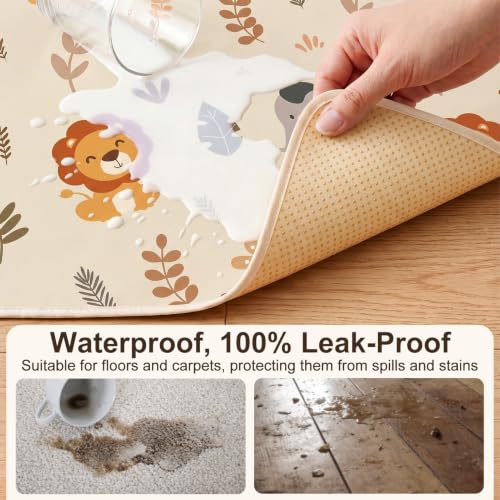 Basumee Splat Mat for Under High Chair, Waterproof & Mess-Proof Floor Mat | 46"×42" Baby Splash Mat, Non Slip Bottom, 4-Layer Fabric, Food & Liquid Catcher, Machine Wash for Boy Girl, Meals, BLW, Craft - color: Cream Animals, size: 46x42 Inches