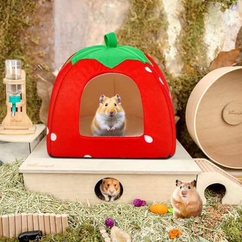 Guinea Pig Hideout Warm Fleece Small Animal Bed Washable Pet Cushion Winter Warm Sleeping Nest for Hamster Rabbit Chinchilla(Strawberry Style) - color: Red