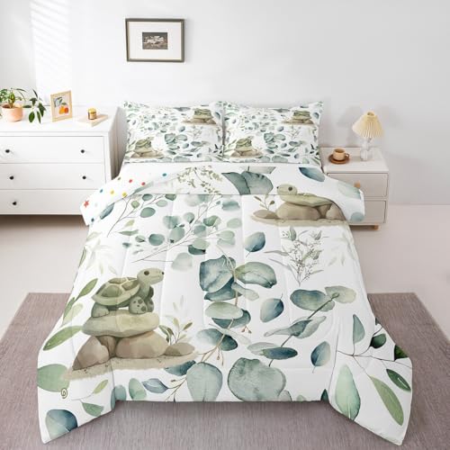 Erosebridal Kawaii Turtle Twin Comforter Set for Boys Girls Cartoon Animal Bedding Set Twin, Eucalyptus Leaves Bedding Comforter Sets Marine Wildlife Duvet Set, Tropical Plants Quilted Comforter - color: Brown Green White, size: Twin