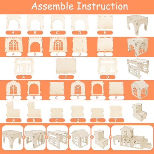 YUEPET 4-Piece Rabbit Castle with Stairs, Wooden Bunny Castle, Rabbit House | 4-Piece Castle Set with Stairs, Detachable Panels, 47.2 x 11.8 x 24.6 in, Ventilation Cutouts, Tool-Free Assembly - size: Rabbit Castle*4+Ramp*1