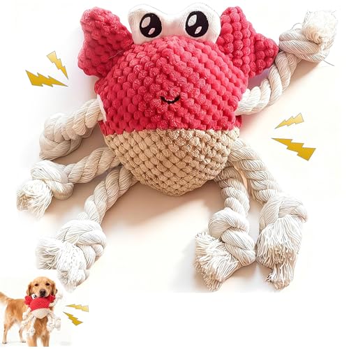 Plush Squeaky Crab Dog Toy with Rope Legs - 5.5''X9.5'' Durable Dog Chew Toy for Small Dogs | Built-in Whistle Sounds | Teeth Cleaning | Interactive Dog Toys （RED）