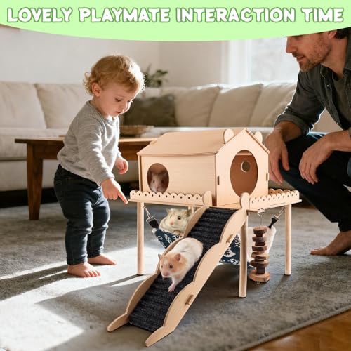 Kalolary Guinea Pig Hideout Wooden Guinea Pig Castle with Stair Hammock Mat | Detachable Double-Decker Guinea Pig House for Small Animals Hamster Chinchilla Bunny Ferret Rabbit Hiding Playing Sleeping
