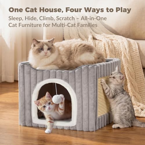 Avont 3-in-1 Cat Cave Bed for Indoor Cats with Scratch Pad | Scratch Pad & Hanging Ball, Large Hideaway for up to 20 LBS, Washable Cushion, Foldable Design, Available in Grey & Cream - color: Grey