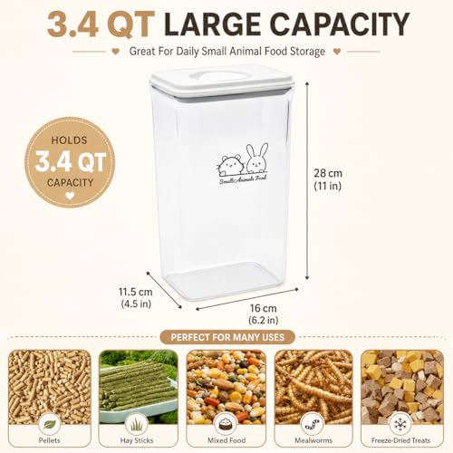 3.4QT Pet Food Containers for Small Animals, Airtight Dog Cat Treat Container with Lid, Ideal for Storage Hamster Rabbit Pellet Food and Bird Seed