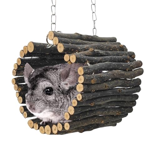 BNOSDM Cage Accessories 6 Packs Wood Sugar Glider Toys Hanging Cage Ladder Perch Stand Climbing Platform and 5.9"X 5.9" Size M Chinchilla Hanging Tunnel Toy Adjustable Metal Chain Natural Fruitwood