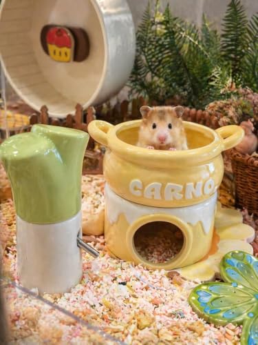 Meow&Woof Ceramic Hamster Hideout House & Bowl Set, 4-in-1 Natural Cooling Cave, Sand Bath, Food Bowl, Syrian Hamster, Dwarf Hamster, Gerbil, Small Animal, Food-Grade Safe, Easy Clean