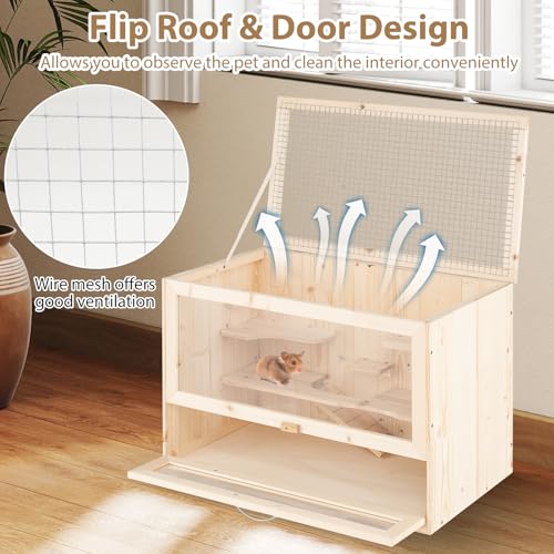 PETSITE Hamster Cage Chewproof, Wooden Hamster Habitat Playpen with Mesh Flip Roof, Multiple Ladder Areas, Ramp Design, Acrylic Panel, and Lockable Door, 23.5 x 14 x 16.5 Inches (L x W x H)
