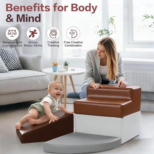 Sumbababy Toddler Climbing Foam Blocks: 4 PCS Waterproof PU Leather Playset - Soft Climber for Kids - Fun Indoor Playground for Girls - Great Preschool & Daycare Gift - style: Coffee/Brown