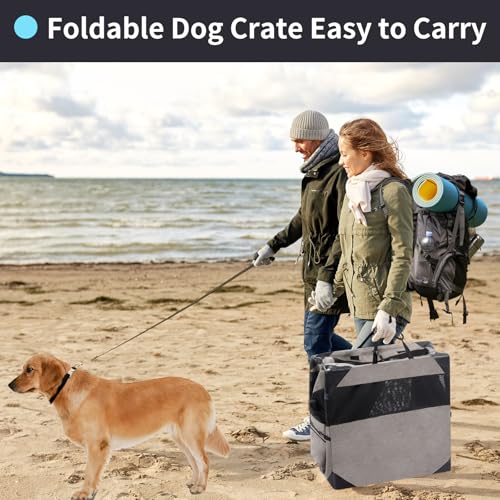 36 Inch Portable Travel Dog Crate, 3 Door Collapsible Soft Pet Kennel with Durable Mesh Windows for Medium Dogs, Foldable Dog Cage with Storage Pocket for Outdoor (Light Grey) - color: Light Grey, size: 36.0"L x 25.0"W x 25.0"H