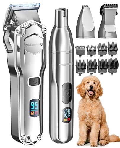 oneisall Dog Clippers for Grooming Thick/Matted Hair, 4-in-1 Grooming Kit | Detachable Stainless Steel Blade, Powerful Motor, IPX6 Waterproof, Low Noise, Paw Trimmer and Nail Grinder, 9 Guide Combs