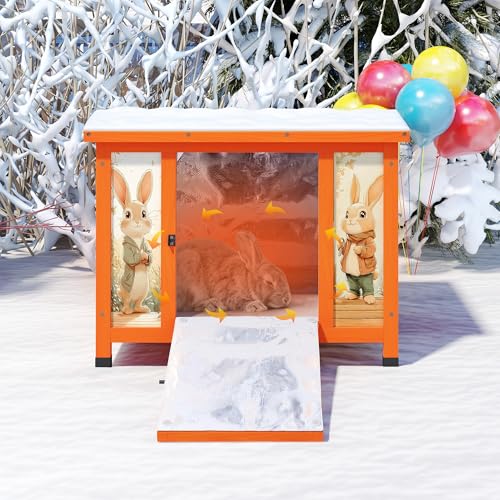 Coziwow 24" Bunny Hutch for Outdoor & Indoor Use - Solid Wood Rabbit Cage with Detachable Insulation Liner, Lightweight Weatherproof Shelter for Cats, Rabbits, Small Animals, Orange - color: Orange with Warm