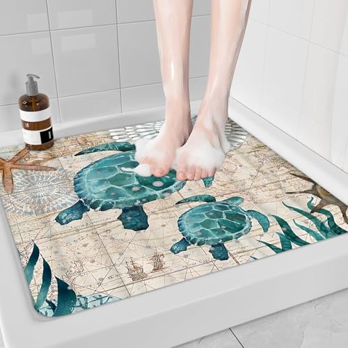 Sea Turtle Square Anti Slip Shower Mats for Inside Shower Accessories, Cute Bath Mats for Bathroom Non Slip Shower Floor Mat Decor Rubber Bathmat With Suction and Drain Holes Machine Washable, 21″X21″ - color: B02, size: 21" x 21" (Square)