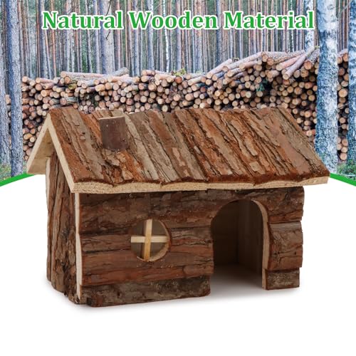 Hypeety Natural Wooden Hamster House Cage Small Animals House with Chimney | Natural solid wood, chew-proof and ventilated play house, for hamsters/gerbils/mice, no assembly required, 7.8x5.1x5.1'', M - size: M