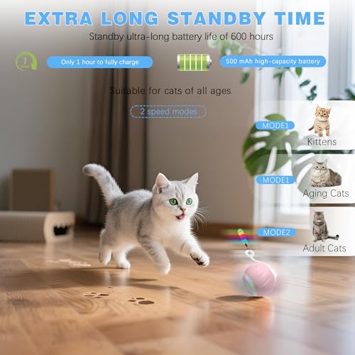 Upgraded 2.36 Inch Large Interactive Cat Toys Ball for Indoor Cats, Pink | Motion and Sound Activated, 2 Speeds, Rechargeable, 5 Replaceable Tails, Stuck-Free Motor, Gray Also Available - color: Pink