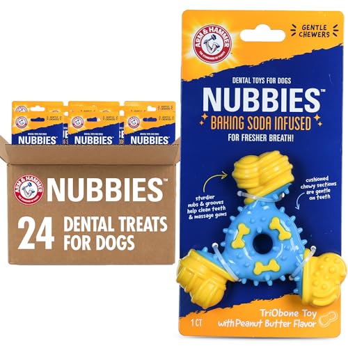 Arm & Hammer Nubbies TriBone Dental Dog Chew Toy, Peanut Butter, 24-Pk | Nylon and TPR construction, baking soda infused, reduces plaque and tartar buildup, ideal for moderate chewers - color: Blue & Yellow TriOBone, size: 24 Count