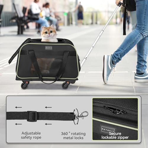 Petsfit Cat Carrier with Wheels, Removable Spinner Wheels, Up to 13 lb | Fits pets up to 15 L x 8 H in and 13 lb; removable spinner wheels, anti-sag frame, 4-sided mesh, safety tether and locks. - color: Black & Green, size: 20.1"L x 12.2"W x 14.2"H
