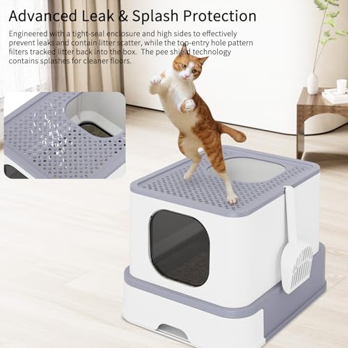 RIZZARI Stainless Steel Cat Litter: Enclosed, Top Entry, Easy Clean | Teflon Non-Stick Coating / High Splash Sides / Odor-Control Seal / Slide-Out Sifting Drawer / Leak-Proof / Multi-Cat & Garage - color: Gray