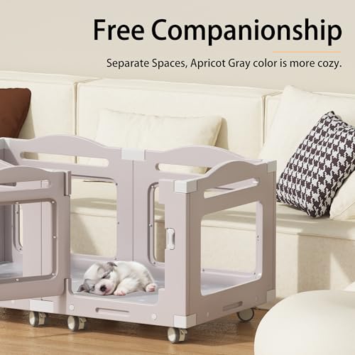 Acrylic Dog Playpen, Indoor Whelping Box with Pet Stroller, Puppy Playpen for Small Medium Pets, Cat Rabbit & Puppies, 6-Panel with Bottom Panel, 8 Wheels, Safe, Sturdy, Apricot Gray - color: Apricot Gray