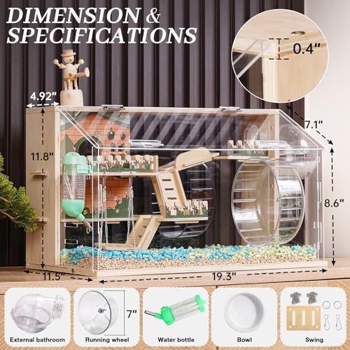11 in 1 Wooden Hamster Cage with All Accessories, 19.3" 3-Layer Dwarf Hamster Cage Acrylic,Small Animal Cages, Pastoral Style Mouse Cage for Mice, Hedgehog and Small Pets, with Stairs, Fences, Swing - size: 19.3"L x 11.5"W x 11.8"H