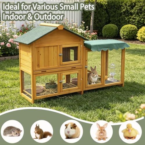 Outdoor Rabbit Hutch, Wooden Rabbit House, Equipped with Rainproof roof, Removable Pull-Out Tray and ramp. Made of Solid Wood, Suitable for Rabbits, Chickens and Ducks.Rabbit cage