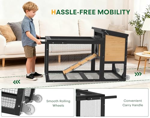 2-Story Rabbit Hutch, Wooden Bunny Cage with Chew-Proof Ramp, Indoor Outdoor Rabbit Cage with Wheels & Pull-Out Tray for Rabbits & Small Animals, Black & Yellow