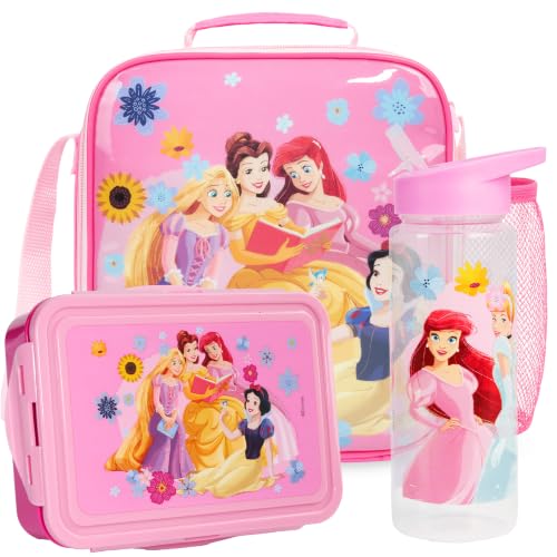 Get Trend Disney Princess Girls Lunch Box 3Pc Set | Kids Insulated Lunch Bag with BPA-Free Water Bottle and Bento Box, Back to School Gifts for Girls - color: Pink Princess