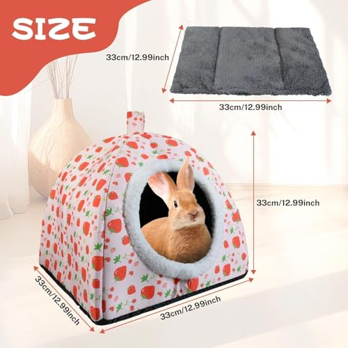 Warm Rabbit Hideout, Washable Strawberry Fleece Hut for Guinea Pigs | Hideaway House with Strawberry Design, Cozy Fleece Hut for Indoor Rabbits Guinea Pigs and Other Small Animals