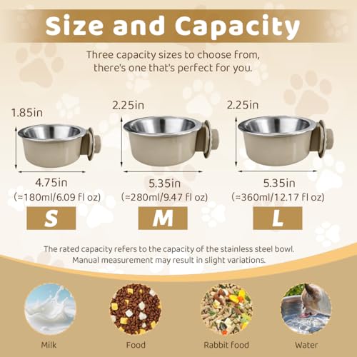 2Pcs Pets Lightweight Stainless Steel Bowl,Removable Stainless Steel Pet Hanging Food Water Feeder Bowl for Puppy Dog Cat Rabbit Ferret Bird Gunea Pigs (Gray-Medium) - size: Gray-Medium