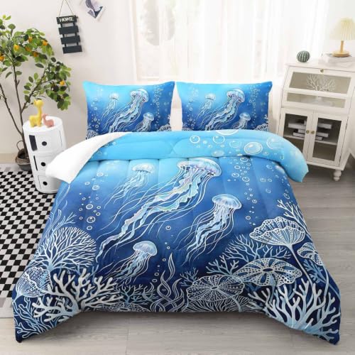 AILONEN Aqua Jellyfish Wave Full Comforter Set, Marine Plant Bedding Pack with 2 Pillowcases, Teen Bedroom - color: Sea8, size: Full