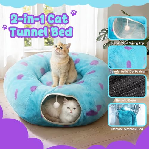 Cat Tunnel Bed for Indoor Cats, Cute Cat Tunnel Toy with Washable Cushion, Fits Cats up to 25 lbs, Peekaboo Cave Pet Bed for Kittens, Rabbits, Blue Purple Donut - color: Blue Purple