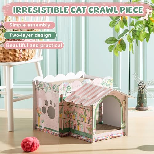 Lineshading 2 Story Cardboard Cat House with Scratcher Pad, Multi Level Durable Cat Scratcher House for Small Kitten Bunny Rabbit Animals Christmas Birthday Gift(17x12x10,Florist) - style: Florist