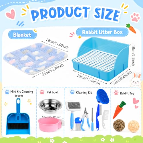 Reallnaive 15 Pcs Rabbit Starter Kit Small Rabbit Litter Box Girls Gift Animal Grooming Kit Bunny Toys Bowl Blankets with Cleaning Set for Guinea Pig Accessories(Bright Blue) - color: Bright Blue