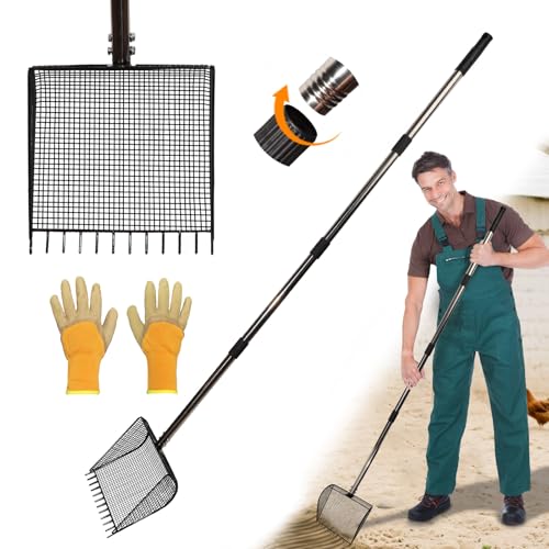 Chicken Poop Scooper & Rake 2-in-1 Metal Coop Shovel,Adjustable Stainless Steel Handle,Cleaning Tools for Chicken Coops & Farm Animals Scoop for Litter Scooper Sand Sifting Shovel Chicken Coops