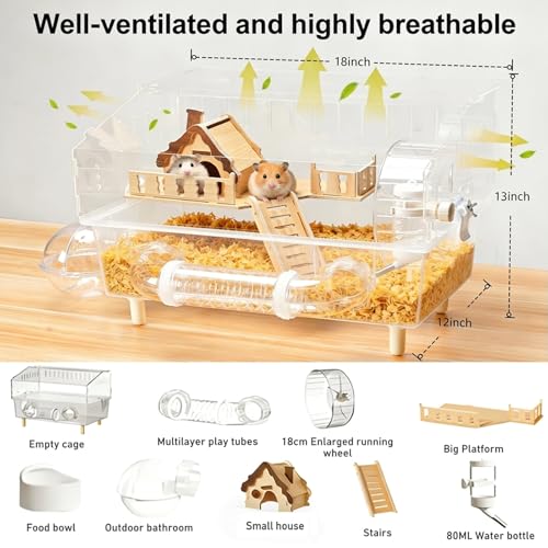 8-in-1 Clear Acrylic Hamster Cage 18x12x13 Small Animal Habitat House | All-in-One Accessory Set, High Transparency View, Easy Cleaning & Assembly, Ideal Starter Kit for Mouse, Dwarf, Gerbil