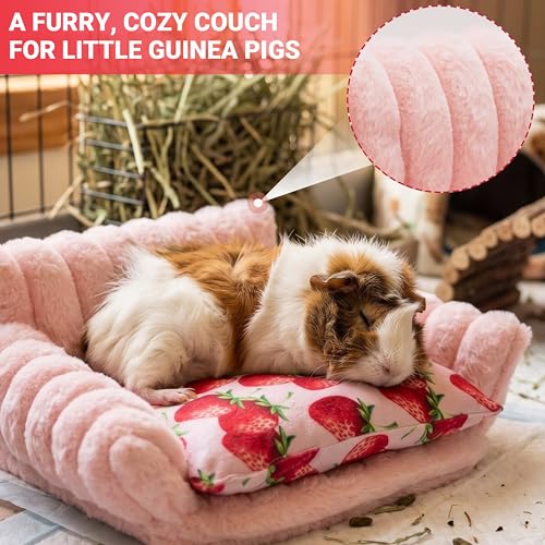 Guinea Pig Bed, Washable Fleece Pink Small Pet Cage Accessories | Strawberry Cozy Small Animal Sofa Couch for Guinea Pig, Bunny, Chinchilla, Hamster, Ferret, Hedgehog