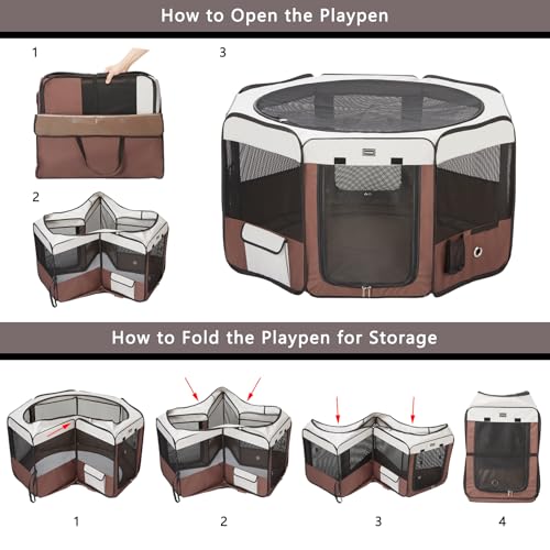 DONORO Dog Playpen Portable Pet Play Pens for Small Dog/Cat/Rabbit/Chicks, Cat Playpen Indoor/Outdoor with Carring Case, Removable Zipper Top and Bottom (Brown, Small (28"x28"x14"), 8) - color: Brown, size: Small (28"x28"x14")