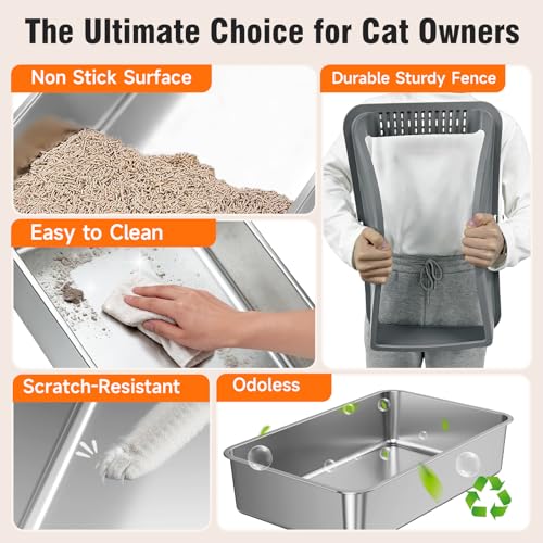 2PACK Stainless Steel Litter Boxes, Extra Large XL Odor Free Metal Litter Box with High Sides, Open Top Litter Pan Include Scoop Easy Cleaning Anti-Scratch Kitty Cat Box Anti-Urine Leakage, Non-Sticky - color: Dark Grey