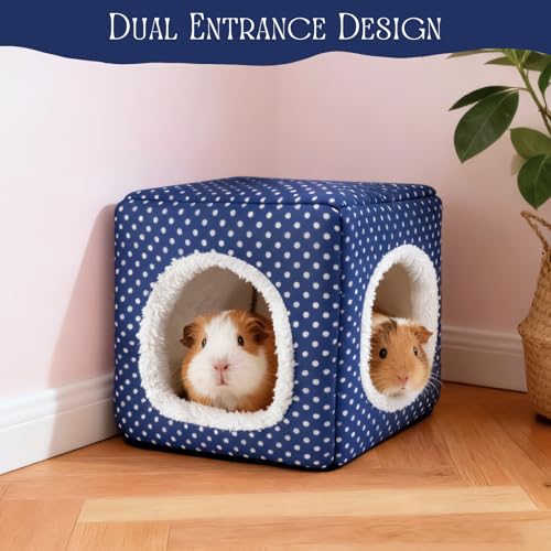 Guinea Pig Hideout with 2 Removable Mat, Two Entrances, Dwarf Rabbit Bed, Washable Bunny House, Small Pet Accessories Blue Dot - color: Blue