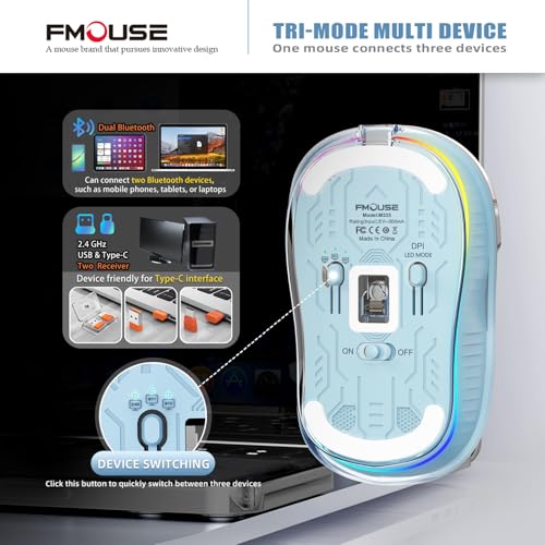 FMOUSE Transparent Wireless Mouse, Tri-Mode Bluetooth & 2.4GHz, Blue | USB-A & USB-C Receiver | Rechargeable | 3 Devices for MacBook Laptop iPad PC | Silent Clicks | Portable | RGB | 4-Level DPI - color: Blue