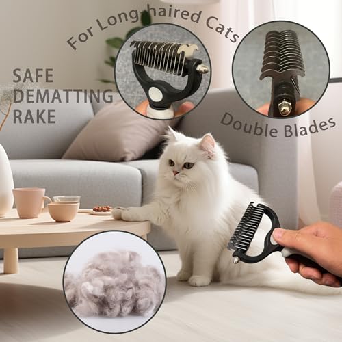 Cat Grooming Brush Kit 6 Tools - Deshedding & Dematting for Long/Short Hair, Self-Cleaning Slicker Brush with 6-in-1 Flea Comb for Cats & Kittens (White) - color: White