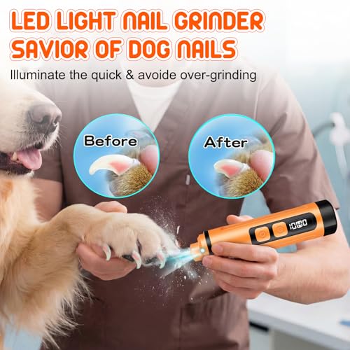 Dog Nail Grinder Electric Powerful 3 Speeds Dog Nail Clippers with Lights Quiet Cat Nail Clipper Painless Care Trimmers Tools for Small Medium Large Dogs and Cats（Orange） - color: Orange