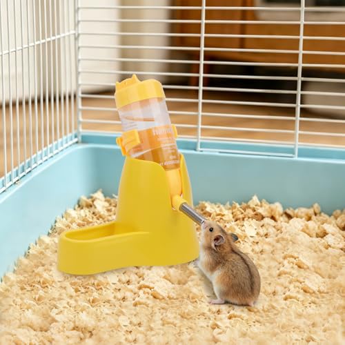 Litewoo 3 in 1 Hamster Water Bottle Small Animal Water Bottle with Food Container Base Hut Hanging Pet Automatic Feeding Drinking Dispenser for Dwarf Hamster Rats Mouse Gerbil Mice - color: Yellow, size: 80ml