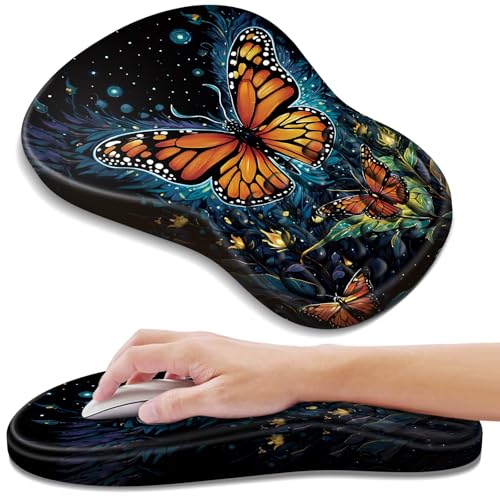 YIWEI Ergonomic Mouse Pad with Wrist Rest for Carpal Tunnel Pain Relief | Memory Foam Wrist Support,Non-Slip Rubber Base, Keyboard Computer Mousepad,Lycra Cloth Surface,Gaming Home Office - color: Butterfly