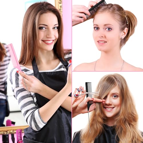 Leinuosen 3 Pack Rat Tail Comb Carbon Fiber,Pink, Black | Steel Pin Tail for Sectioning, Heat Resistant Teasing, Pick Comb for Women Wig Styling, Fishtail Design for Salon Updos - color: Pink, Black