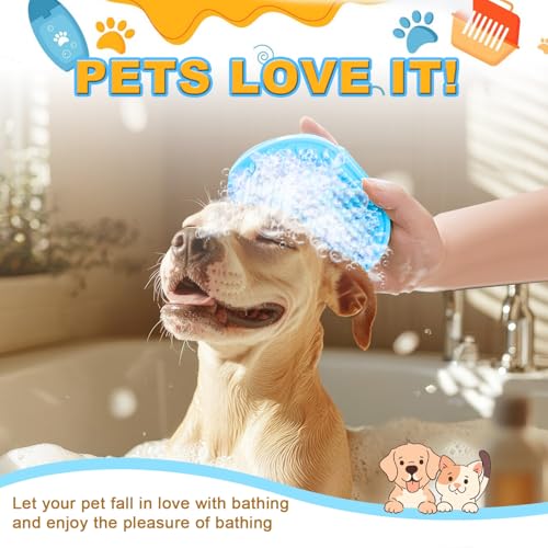3Pcs Dog Bath Brush, Dog Scrubber for Bath, Dog Shampoo Brush Bubble Maker, Dog Paw Washer, dog grooming Massage Brush with Adjustable Ring Handle, dog accessories for Short & Long Hair -Blue - color: Blue